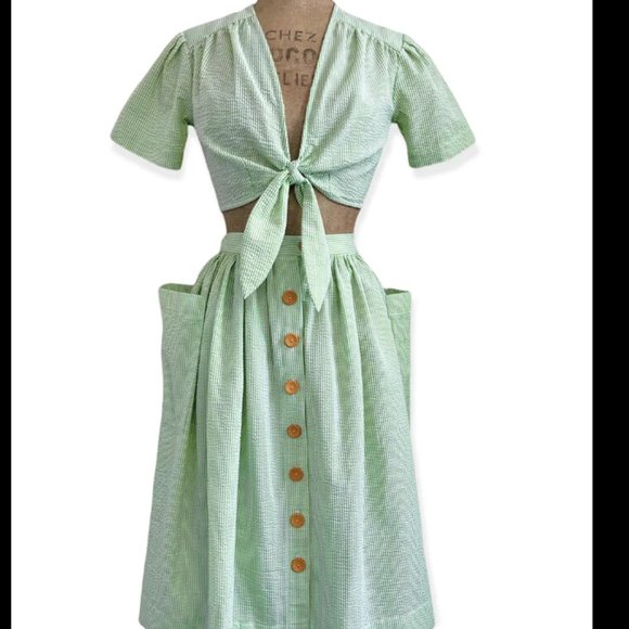 1940s Style Loco Lindo Green Seersucker button front SkirtLG
